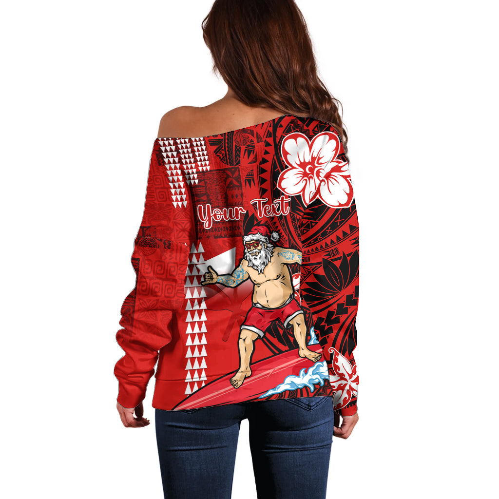 Personalised Hawaii Christmas Off Shoulder Sweater Mele Kalikimaka Surfing Santa Claus - Wonder Print Shop
