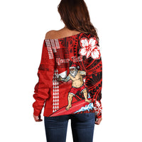 Personalised Hawaii Christmas Off Shoulder Sweater Mele Kalikimaka Surfing Santa Claus - Wonder Print Shop