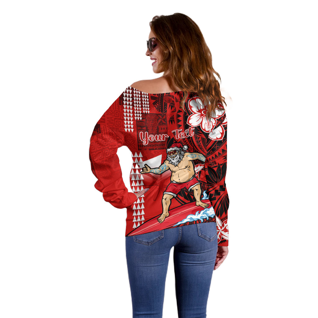 Personalised Hawaii Christmas Off Shoulder Sweater Mele Kalikimaka Surfing Santa Claus - Wonder Print Shop