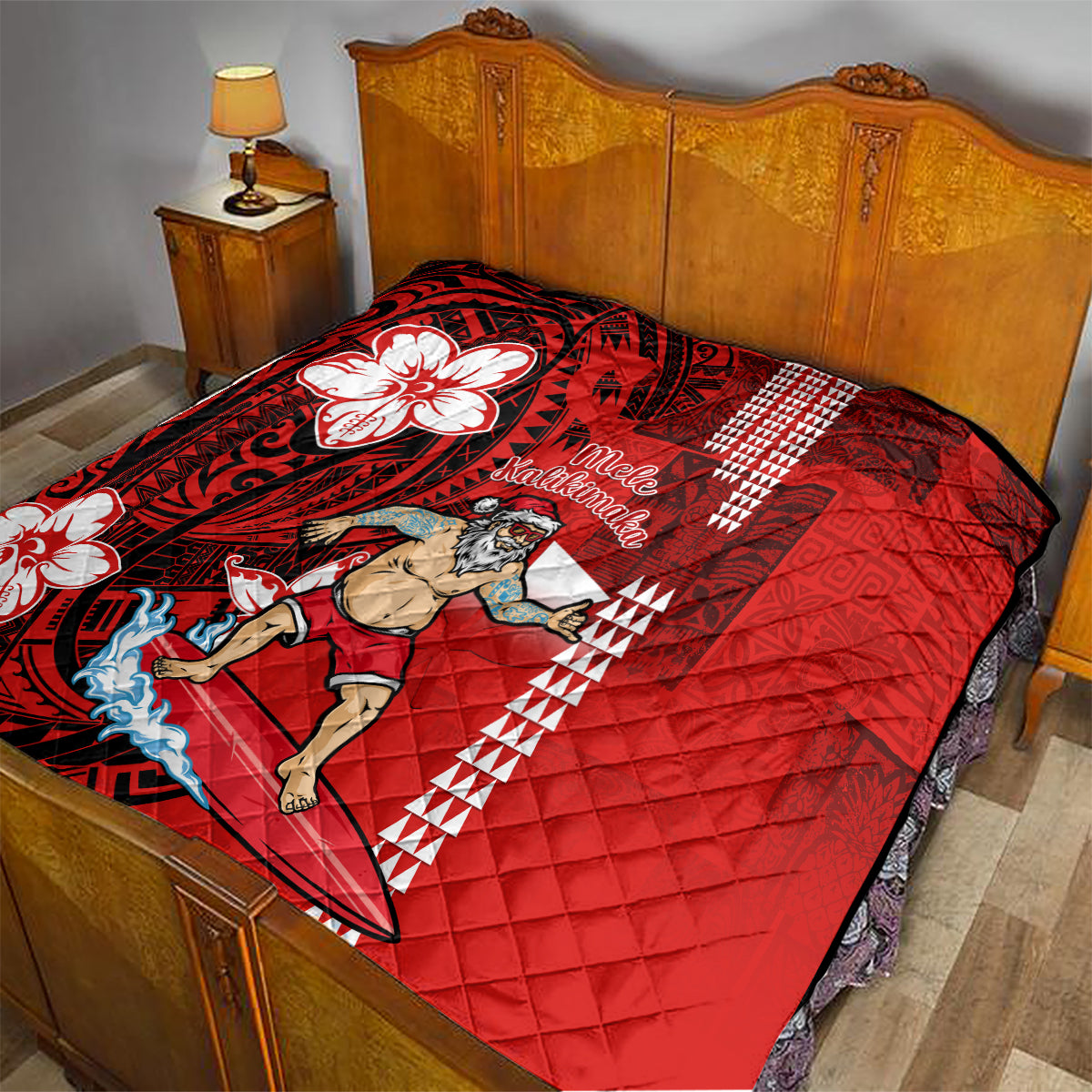 Personalised Hawaii Christmas Quilt Mele Kalikimaka Surfing Santa Claus - Wonder Print Shop