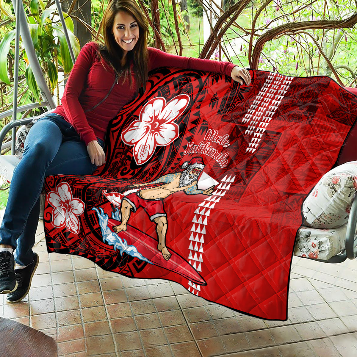 Personalised Hawaii Christmas Quilt Mele Kalikimaka Surfing Santa Claus - Wonder Print Shop