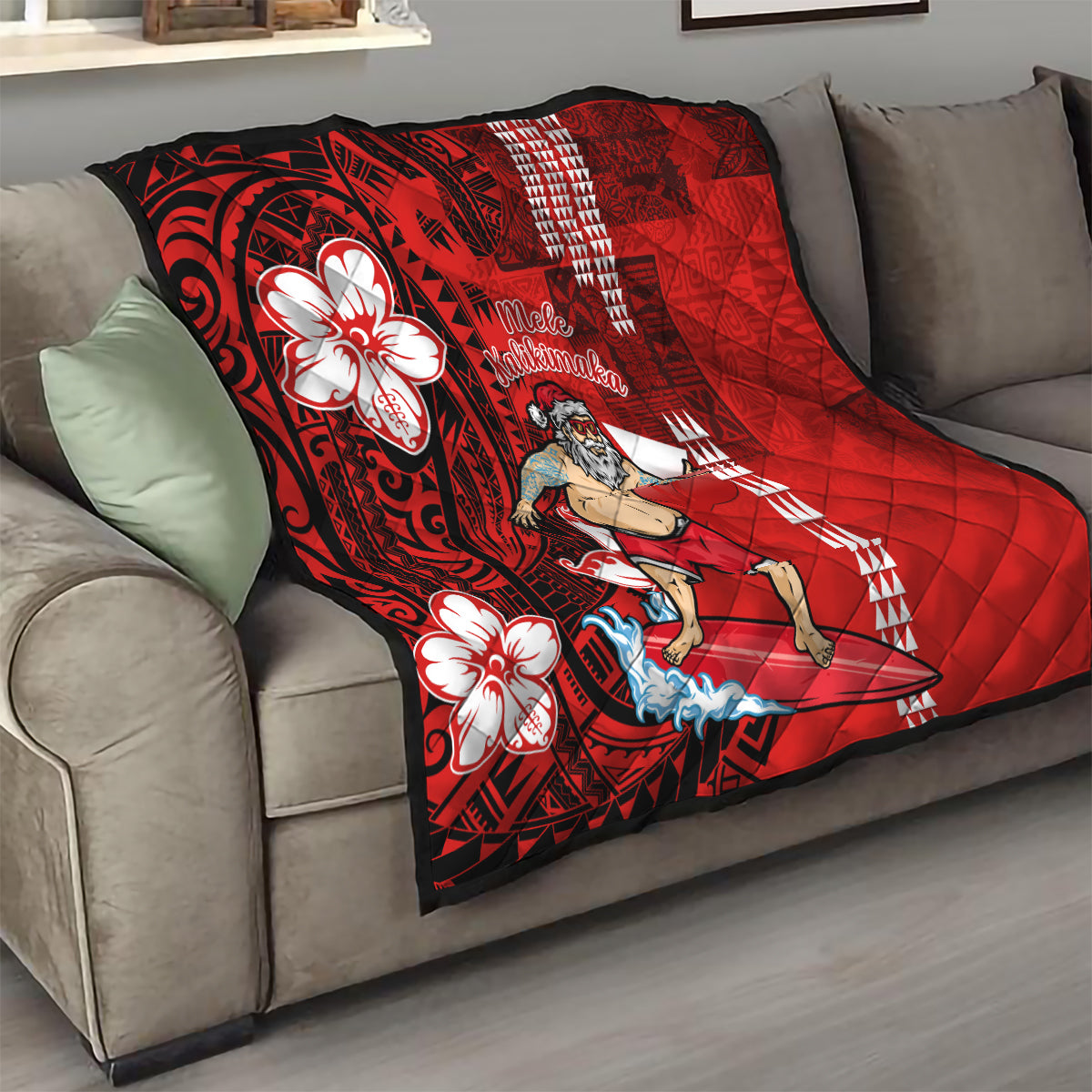 Personalised Hawaii Christmas Quilt Mele Kalikimaka Surfing Santa Claus - Wonder Print Shop