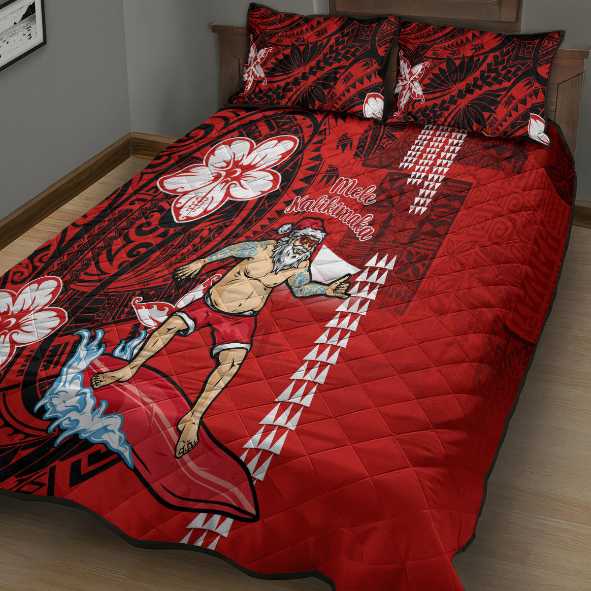 Personalised Hawaii Christmas Quilt Bed Set Mele Kalikimaka Surfing Santa Claus - Wonder Print Shop