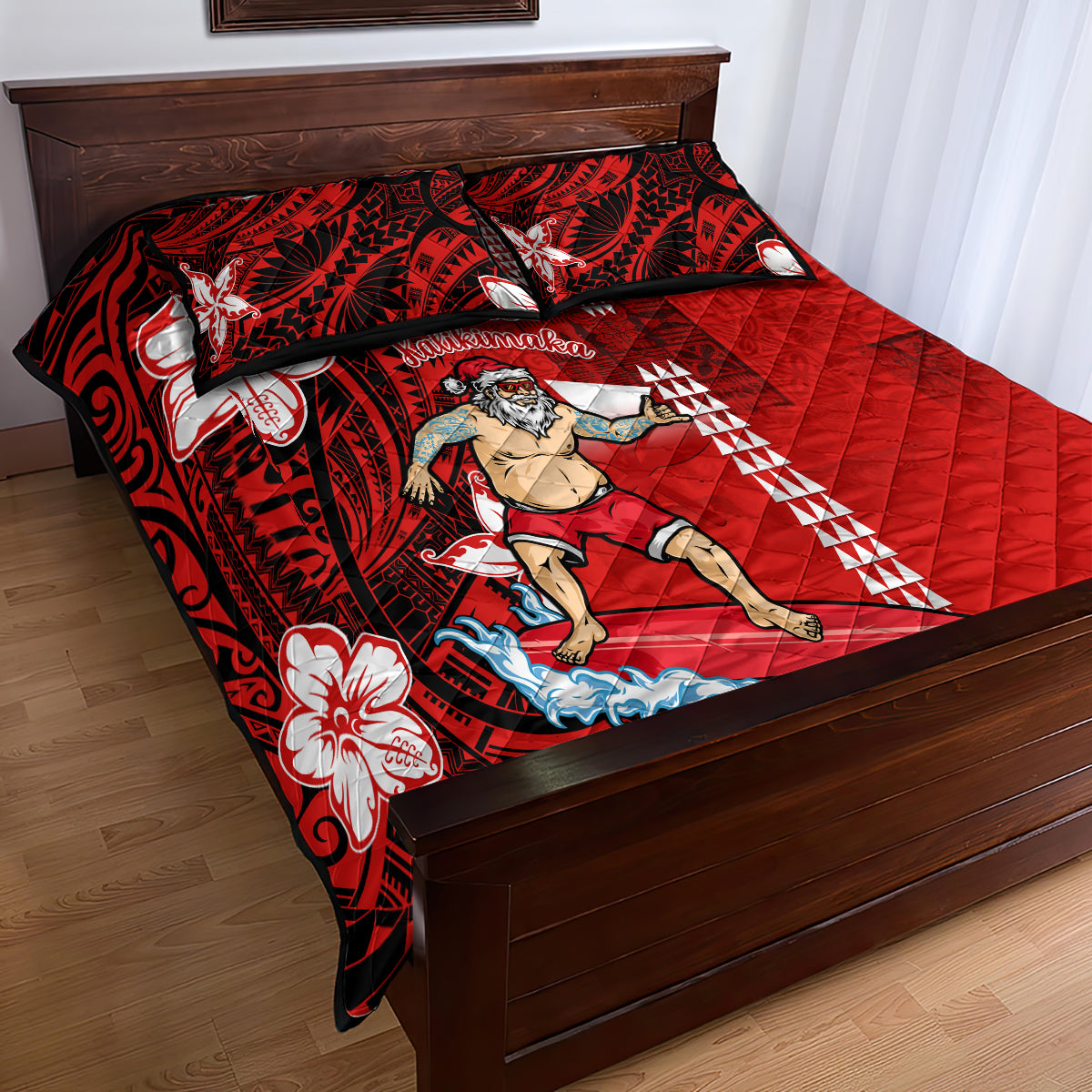 Personalised Hawaii Christmas Quilt Bed Set Mele Kalikimaka Surfing Santa Claus - Wonder Print Shop