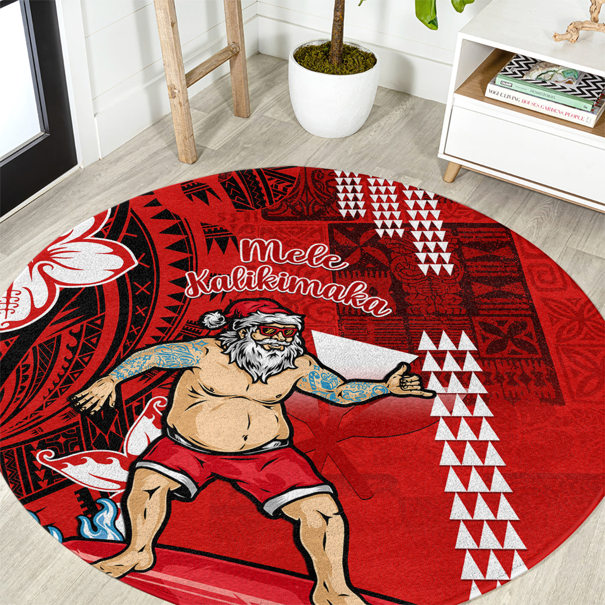 personalised-hawaii-christmas-round-carpet-mele-kalikimaka-surfing-santa-claus