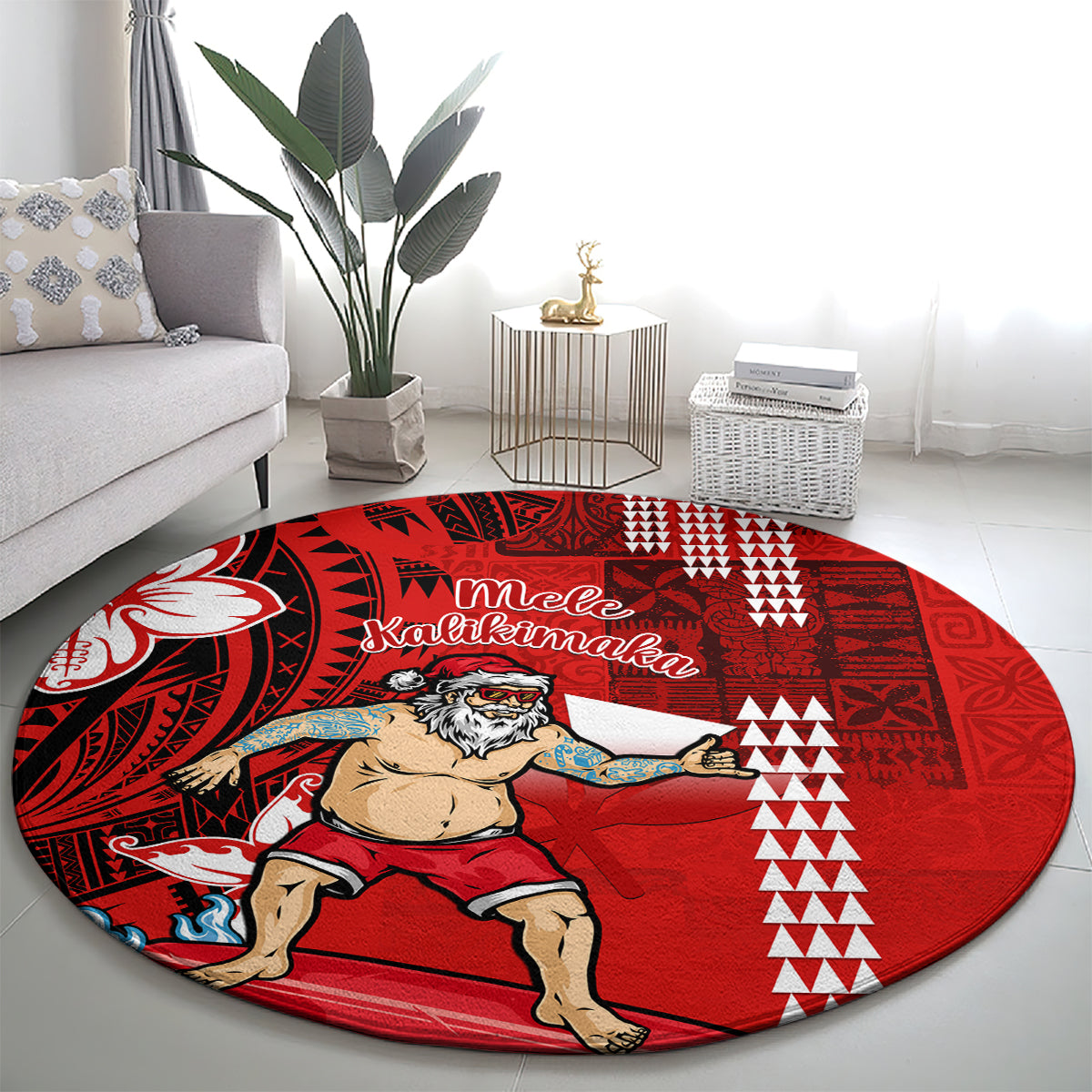 personalised-hawaii-christmas-round-carpet-mele-kalikimaka-surfing-santa-claus