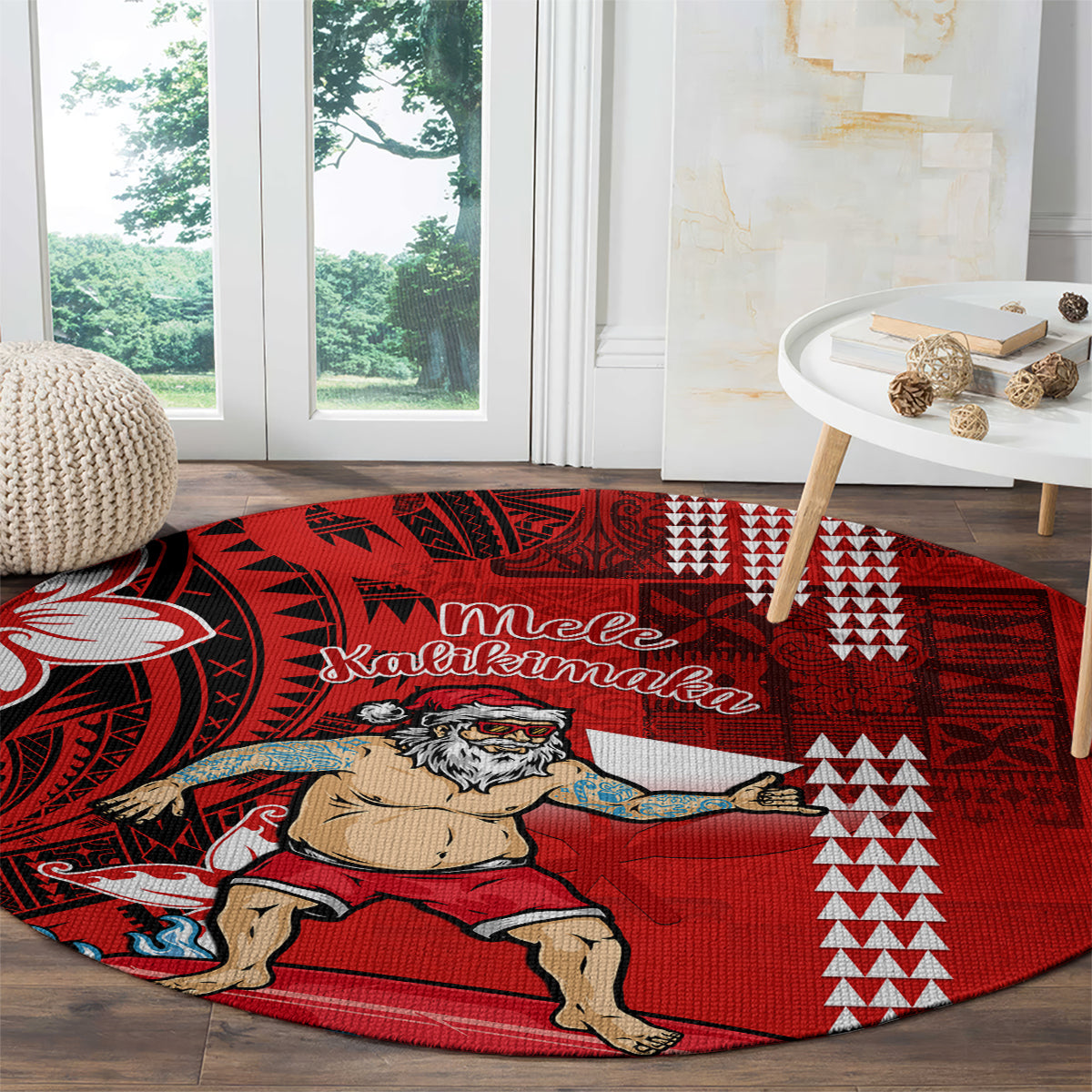 personalised-hawaii-christmas-round-carpet-mele-kalikimaka-surfing-santa-claus