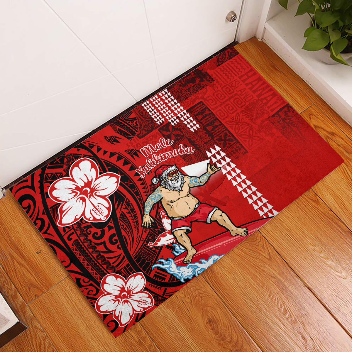 Personalised Hawaii Christmas Rubber Doormat Mele Kalikimaka Surfing Santa Claus - Wonder Print Shop