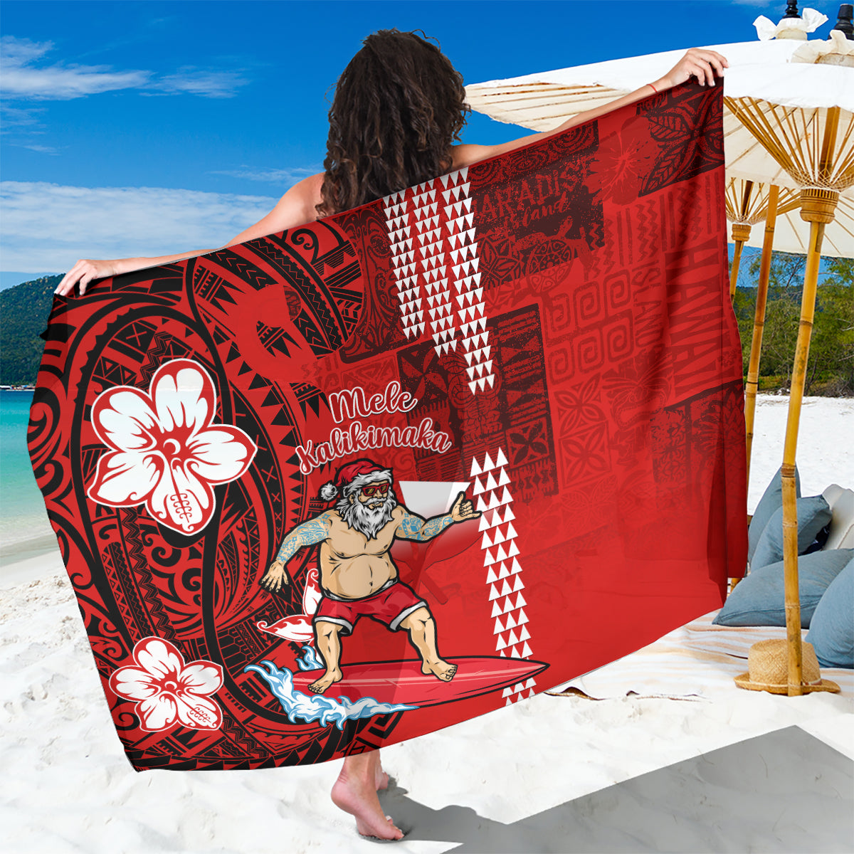 Personalised Hawaii Christmas Sarong Mele Kalikimaka Surfing Santa Claus - Wonder Print Shop