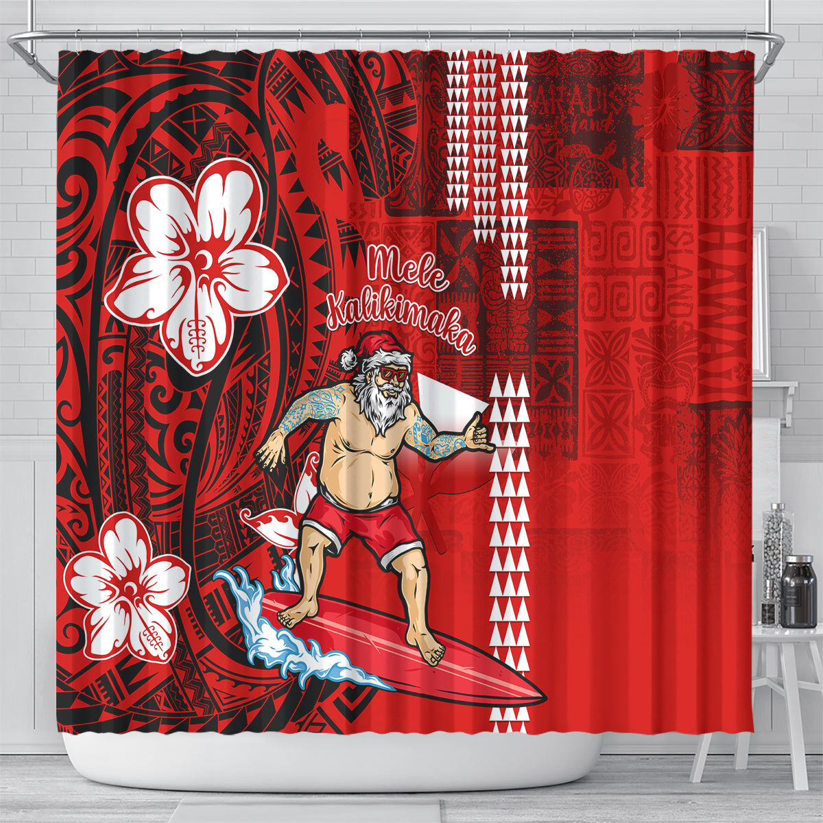 personalised-hawaii-christmas-shower-curtain-mele-kalikimaka-surfing-santa-claus