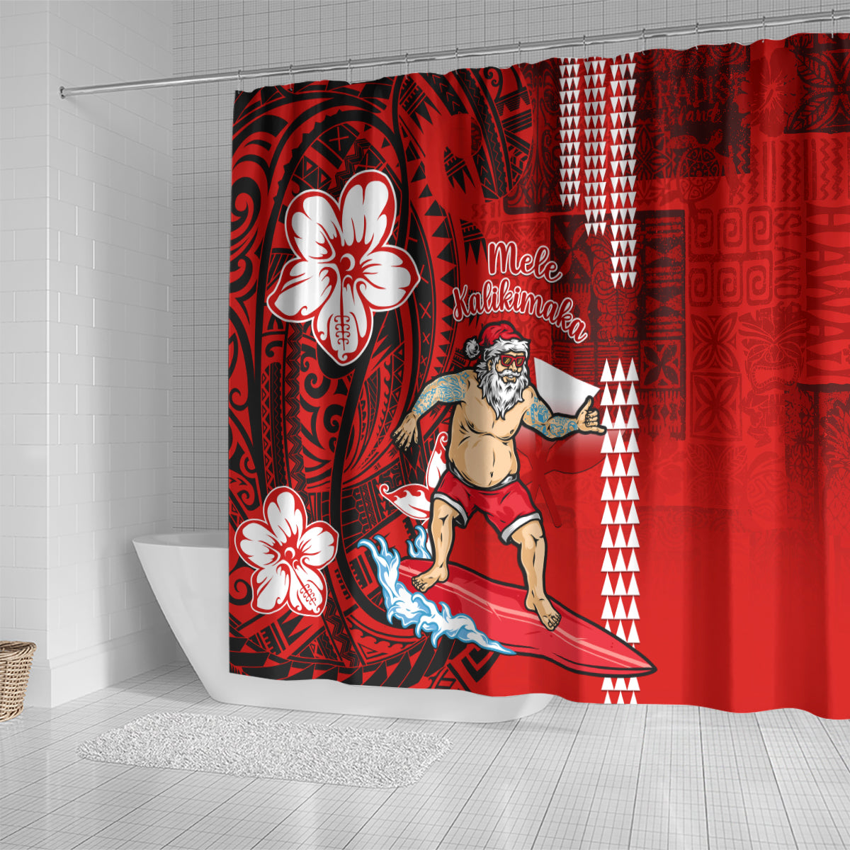 personalised-hawaii-christmas-shower-curtain-mele-kalikimaka-surfing-santa-claus