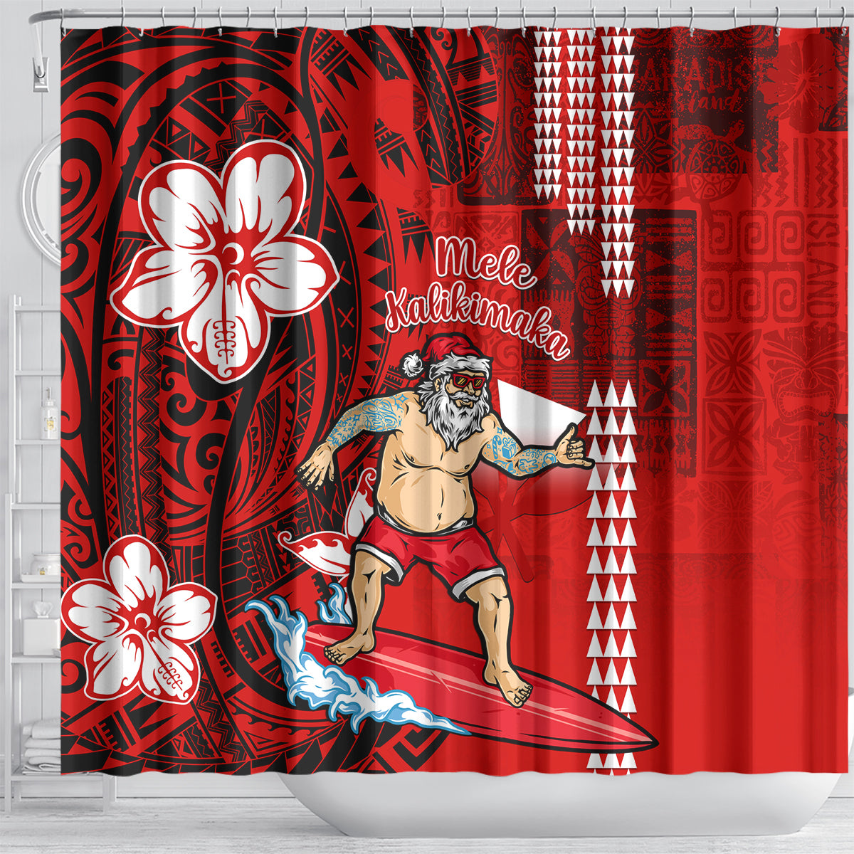 personalised-hawaii-christmas-shower-curtain-mele-kalikimaka-surfing-santa-claus
