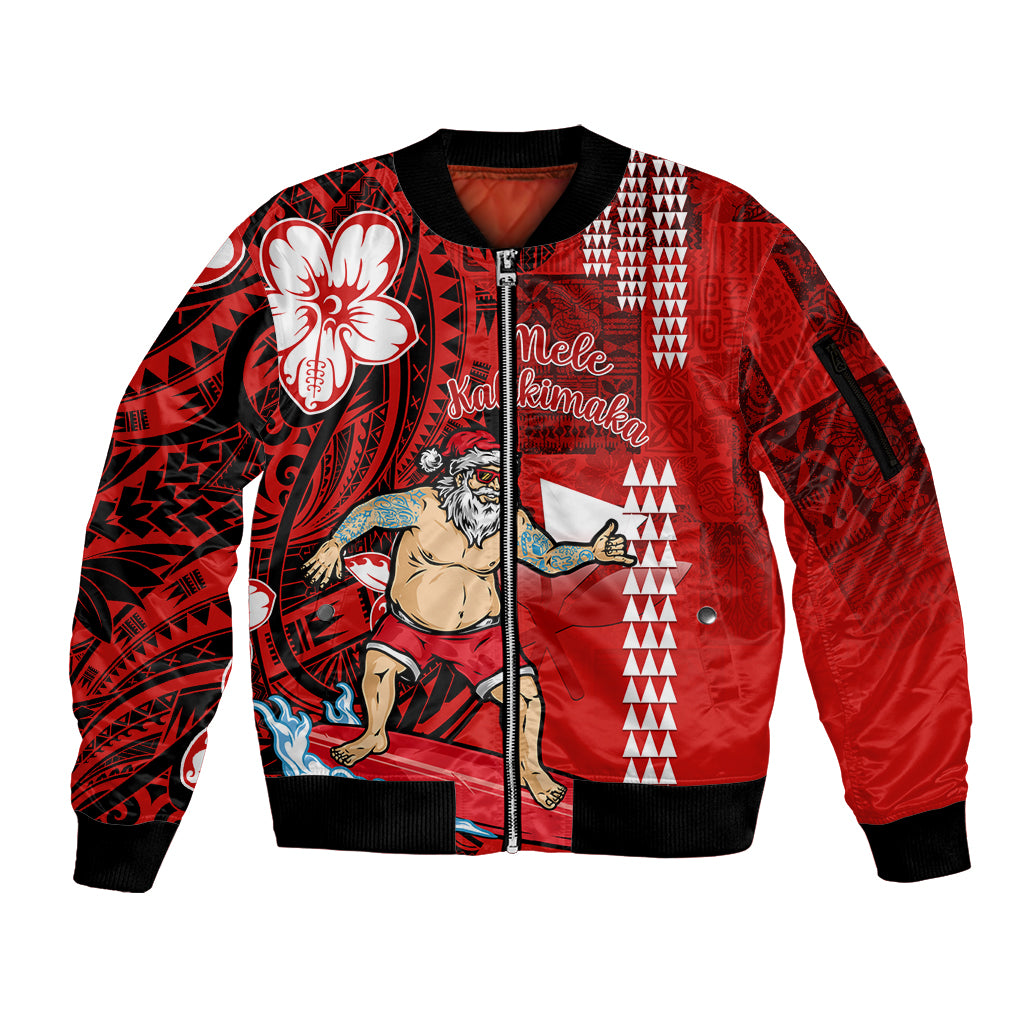 Personalised Hawaii Christmas Sleeve Zip Bomber Jacket Mele Kalikimaka Surfing Santa Claus - Wonder Print Shop