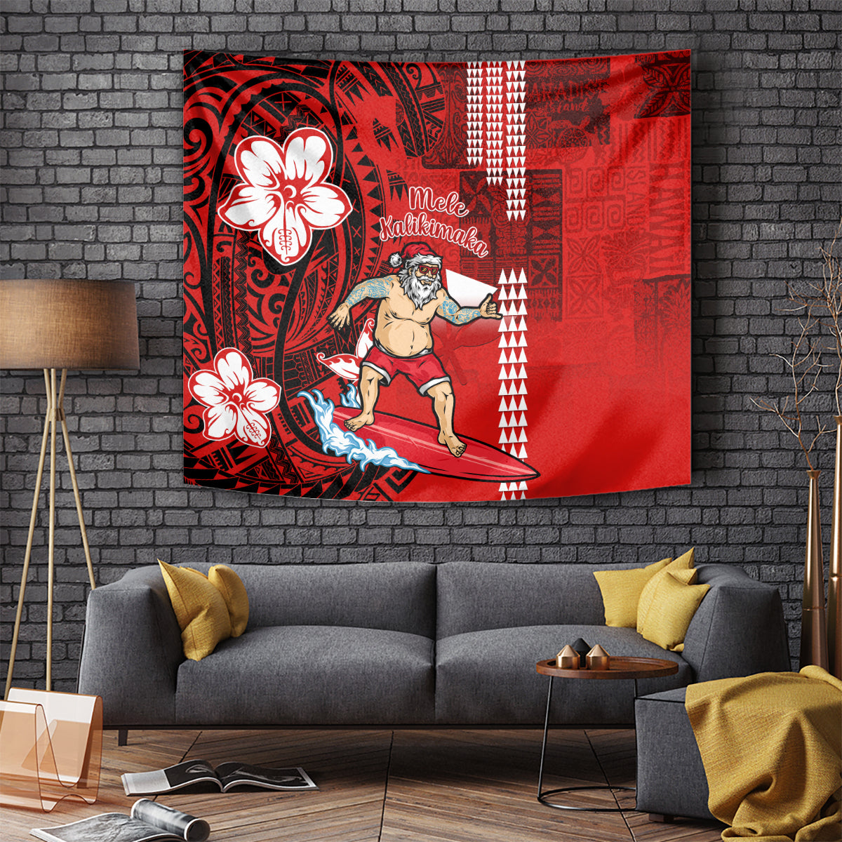 Personalised Hawaii Christmas Tapestry Mele Kalikimaka Surfing Santa Claus - Wonder Print Shop