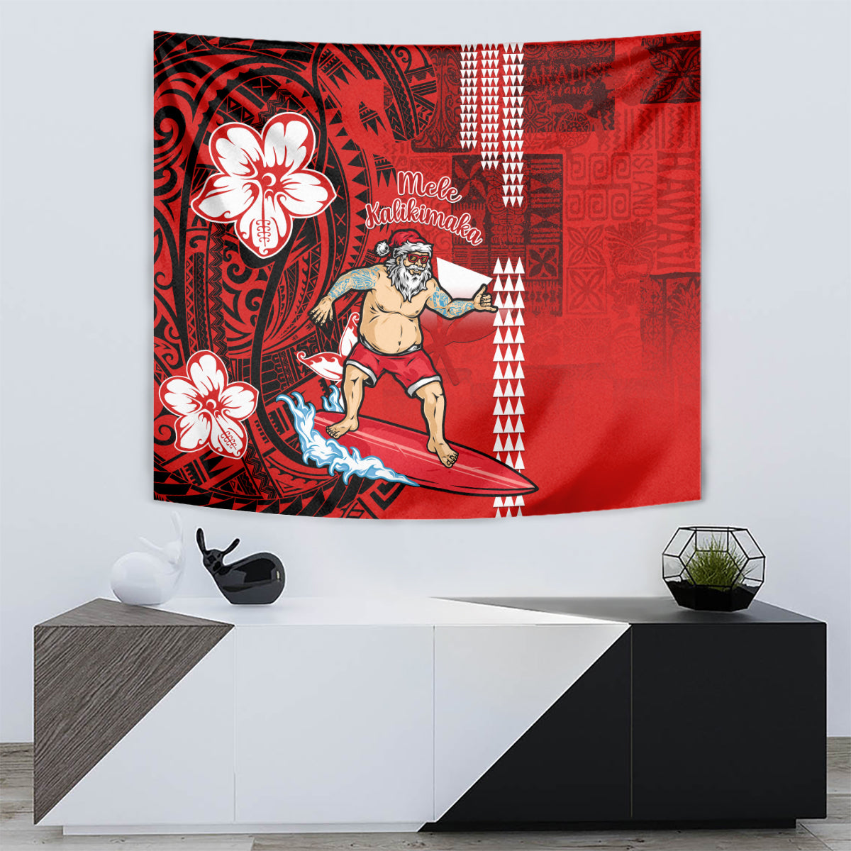 Personalised Hawaii Christmas Tapestry Mele Kalikimaka Surfing Santa Claus - Wonder Print Shop