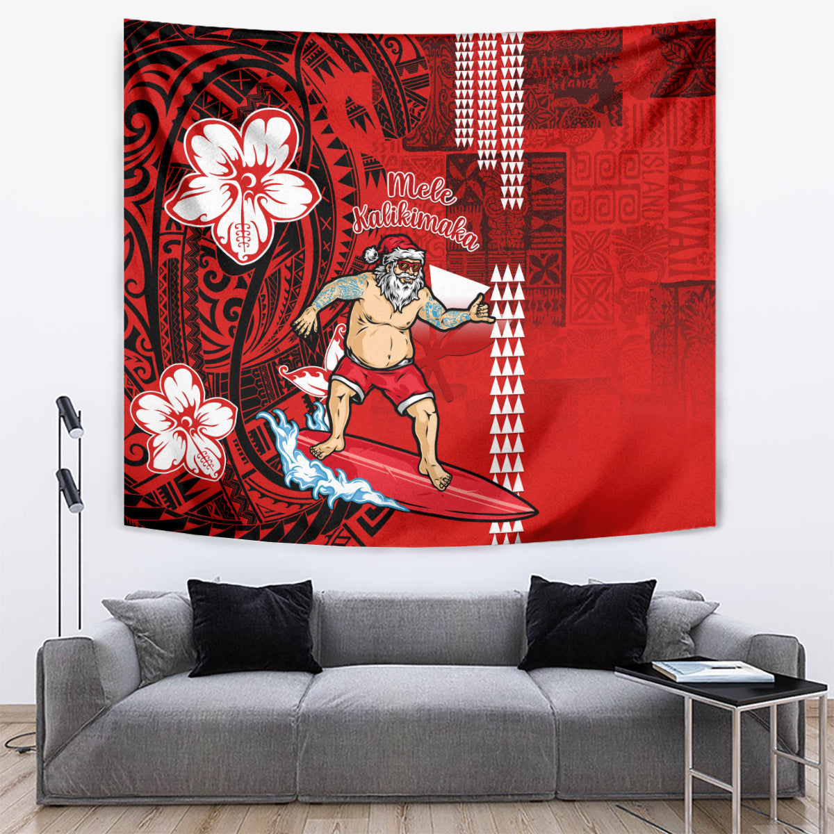 Personalised Hawaii Christmas Tapestry Mele Kalikimaka Surfing Santa Claus - Wonder Print Shop