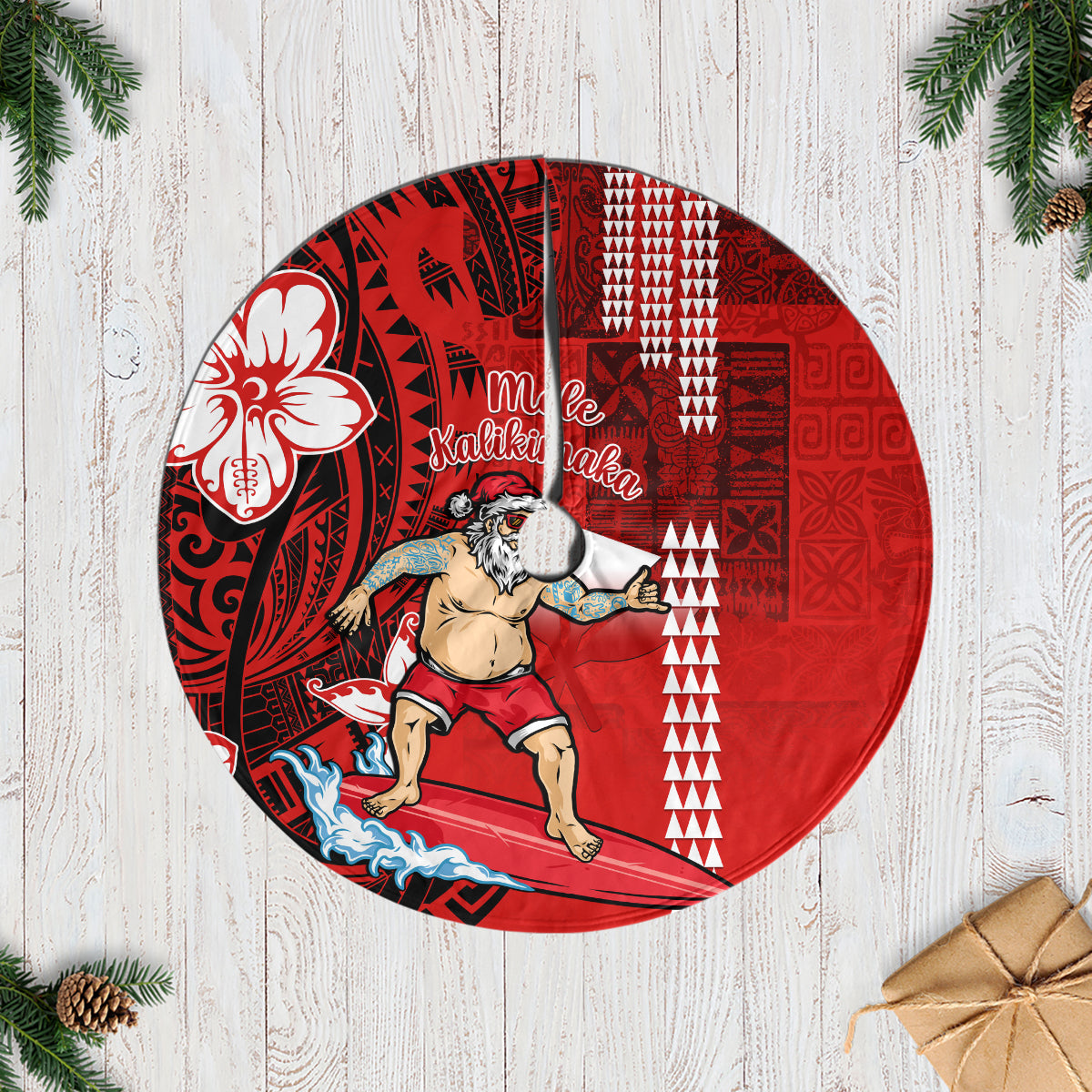 Hawaii Christmas Tree Skirt Mele Kalikimaka Surfing Santa Claus - Wonder Print Shop