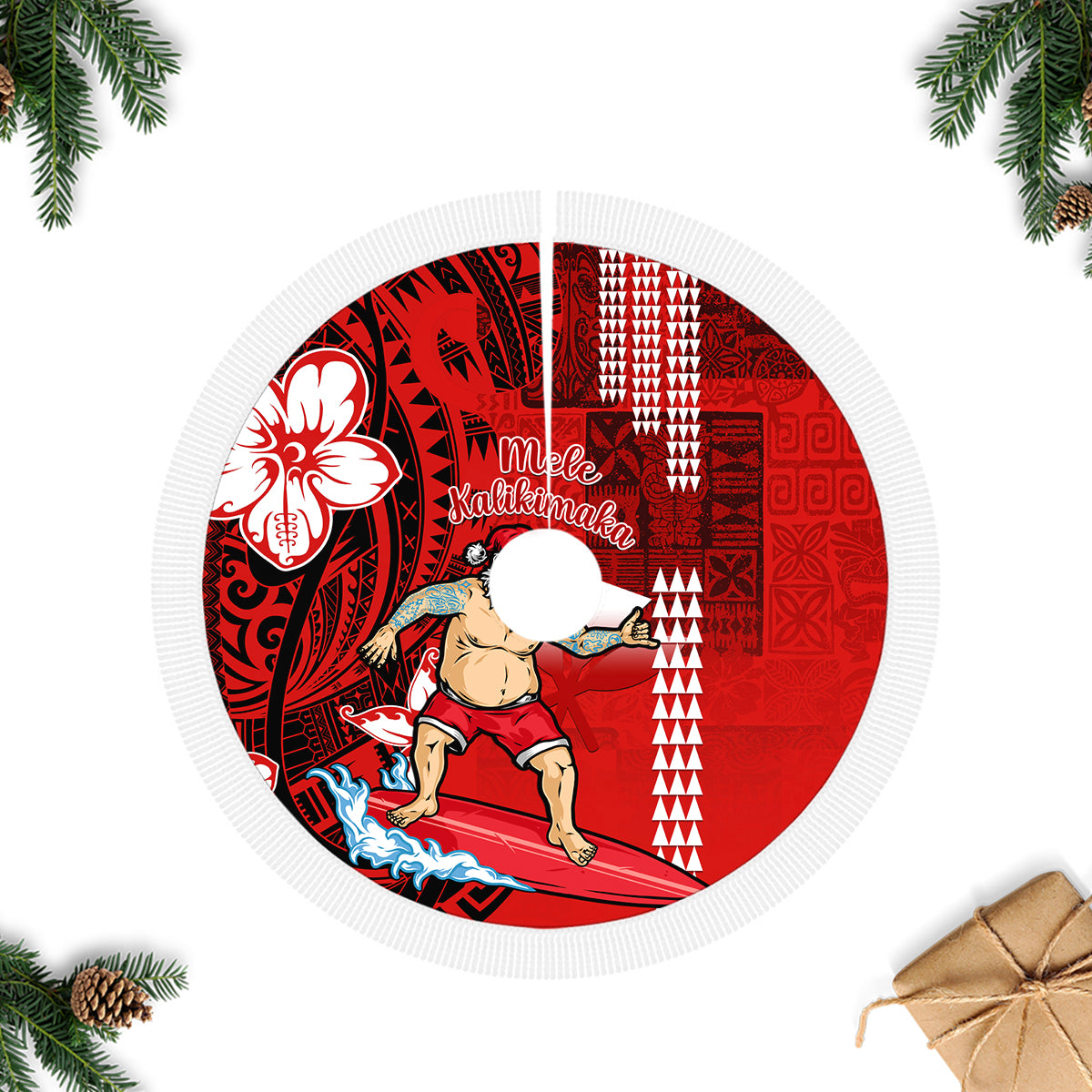 Hawaii Christmas Tree Skirt Mele Kalikimaka Surfing Santa Claus - Wonder Print Shop