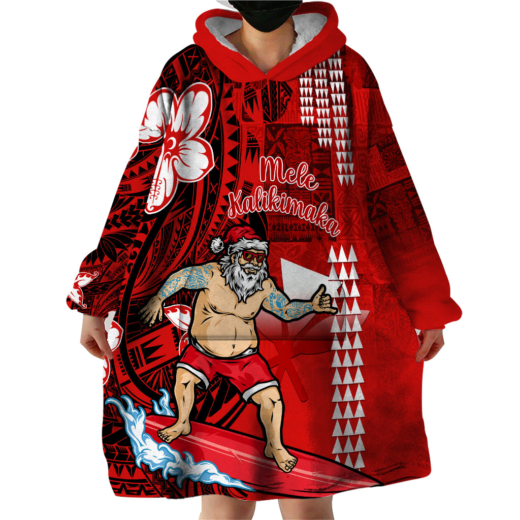Personalised Hawaii Christmas Wearable Blanket Hoodie Mele Kalikimaka Surfing Santa Claus - Wonder Print Shop