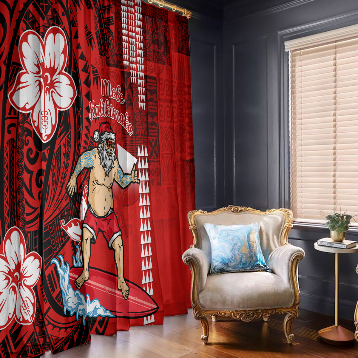 Personalised Hawaii Christmas Window Curtain Mele Kalikimaka Surfing Santa Claus - Wonder Print Shop