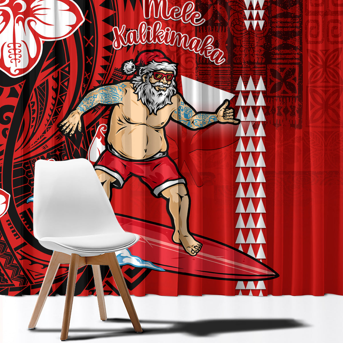 Personalised Hawaii Christmas Window Curtain Mele Kalikimaka Surfing Santa Claus - Wonder Print Shop