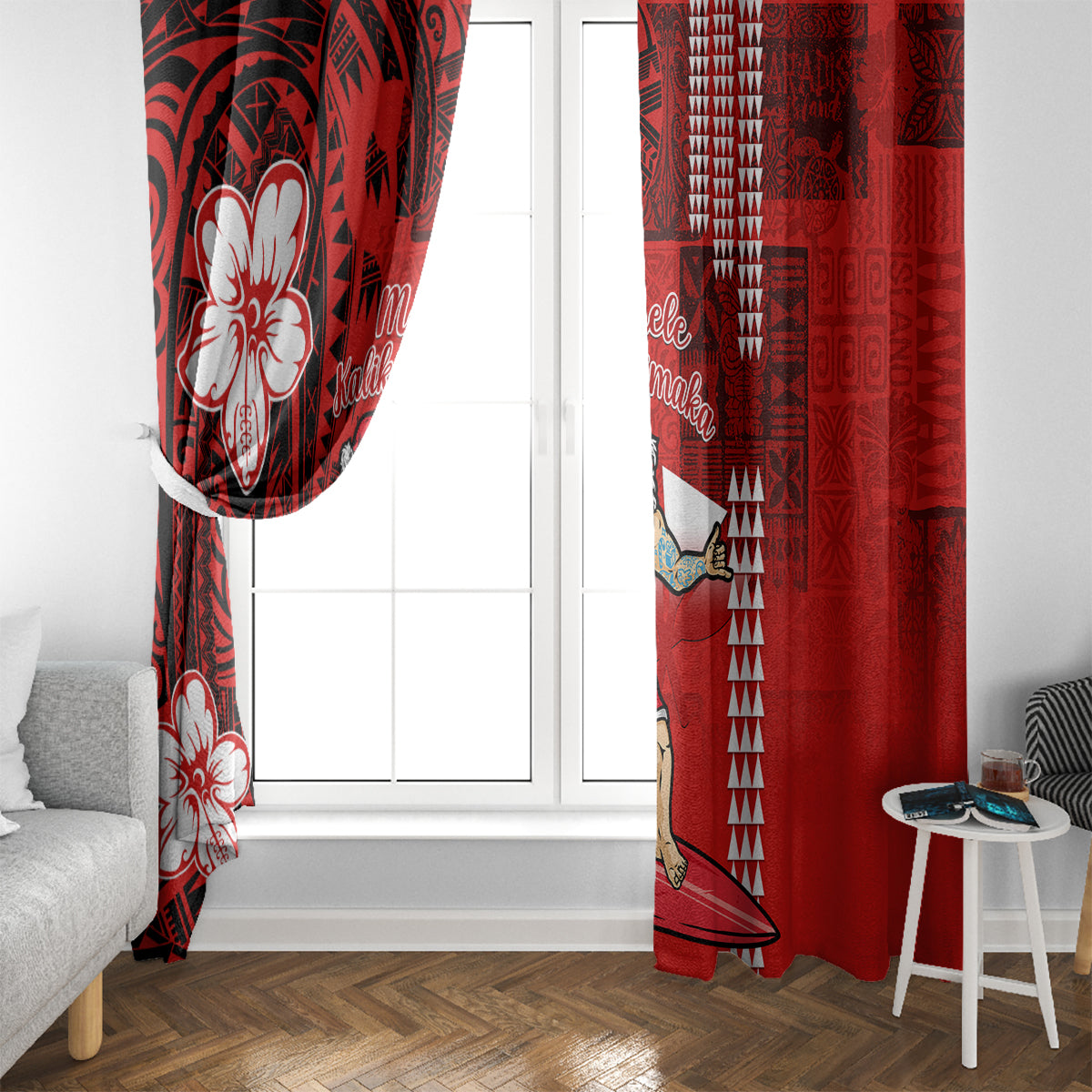 Personalised Hawaii Christmas Window Curtain Mele Kalikimaka Surfing Santa Claus - Wonder Print Shop