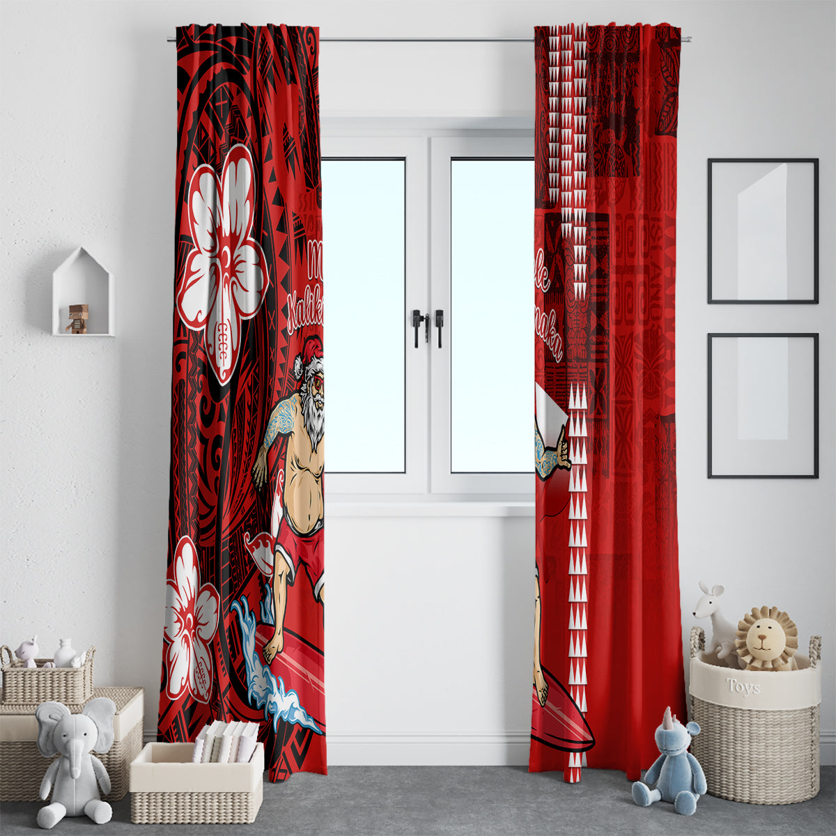 Personalised Hawaii Christmas Window Curtain Mele Kalikimaka Surfing Santa Claus - Wonder Print Shop