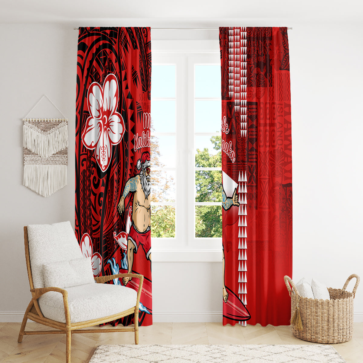 Personalised Hawaii Christmas Window Curtain Mele Kalikimaka Surfing Santa Claus - Wonder Print Shop