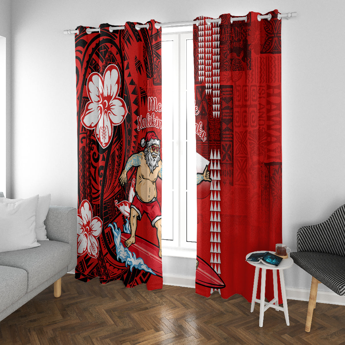 Personalised Hawaii Christmas Window Curtain Mele Kalikimaka Surfing Santa Claus - Wonder Print Shop