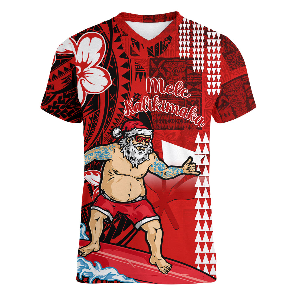 Personalised Hawaii Christmas Women V Neck T Shirt Mele Kalikimaka Surfing Santa Claus - Wonder Print Shop