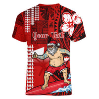 Personalised Hawaii Christmas Women V Neck T Shirt Mele Kalikimaka Surfing Santa Claus - Wonder Print Shop