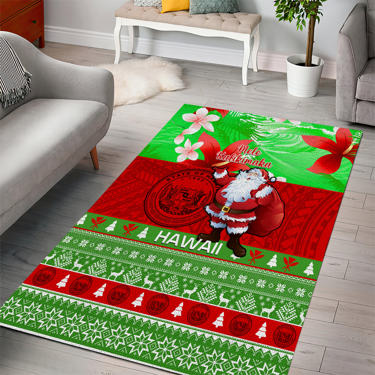 Personalised Hawaii Christmas Area Rug Mele Kalikimaka Hawaiian Santa Tropical Vibes - Wonder Print Shop