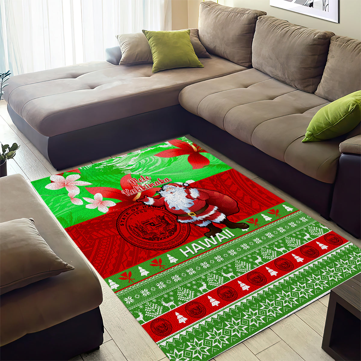 Personalised Hawaii Christmas Area Rug Mele Kalikimaka Hawaiian Santa Tropical Vibes - Wonder Print Shop