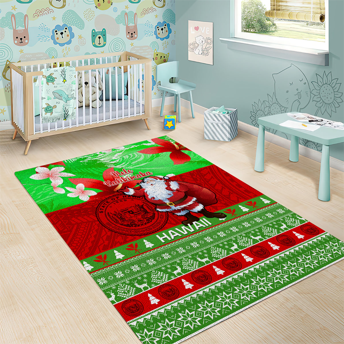 Personalised Hawaii Christmas Area Rug Mele Kalikimaka Hawaiian Santa Tropical Vibes - Wonder Print Shop