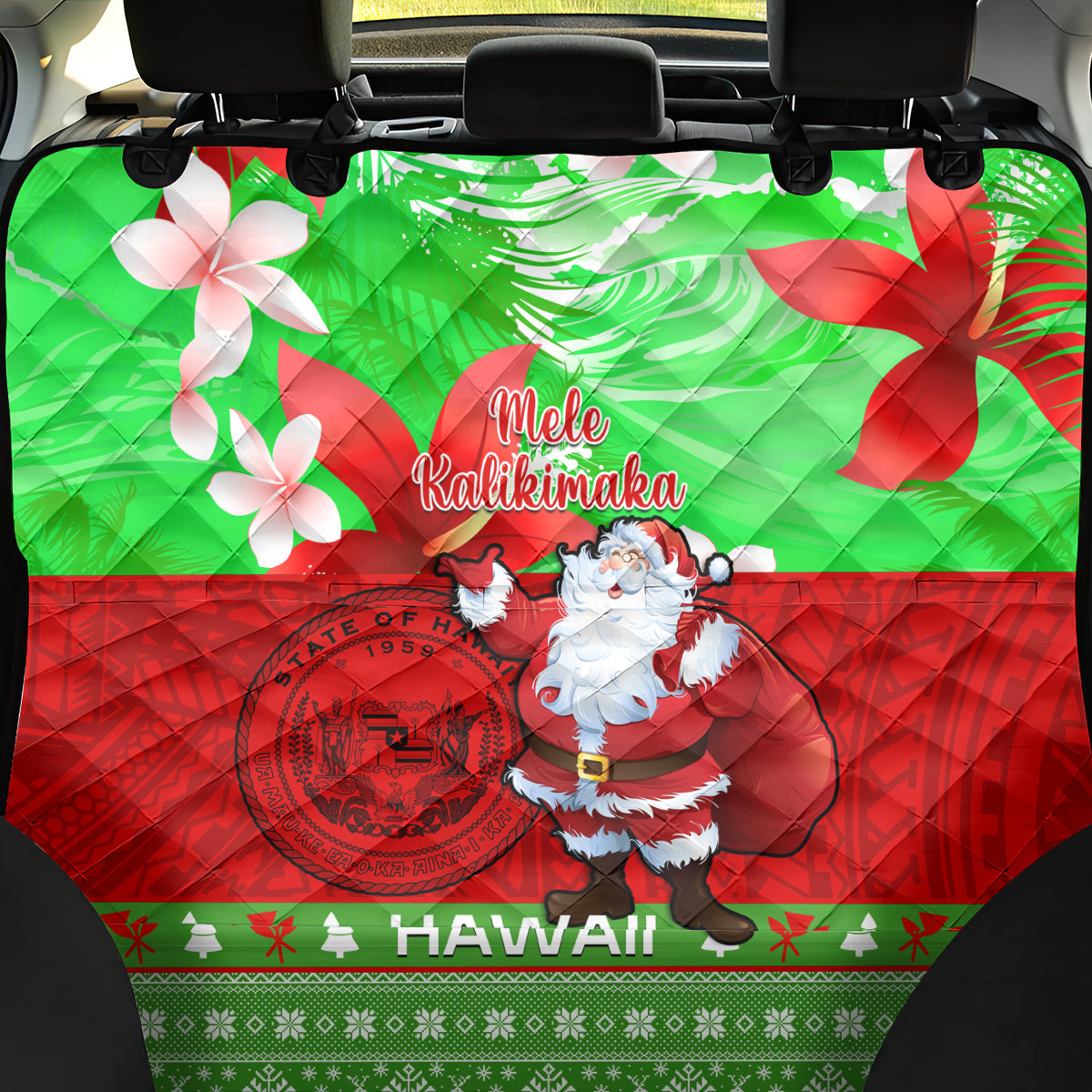 Personalised Hawaii Christmas Back Car Seat Cover Mele Kalikimaka Hawaiian Santa Tropical Vibes - Wonder Print Shop