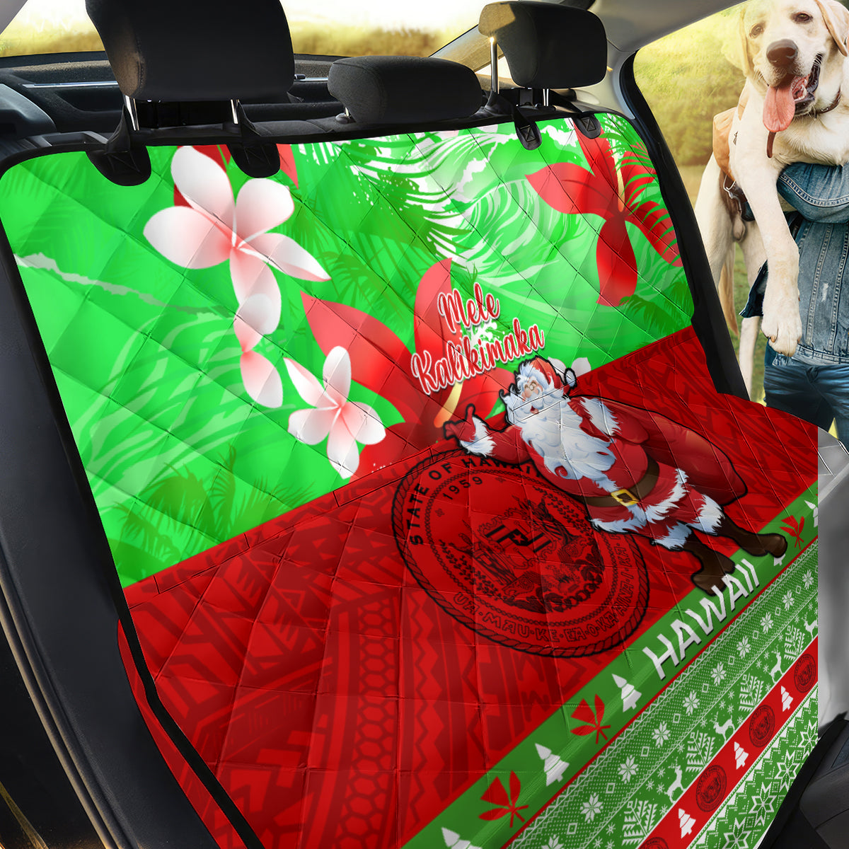 Personalised Hawaii Christmas Back Car Seat Cover Mele Kalikimaka Hawaiian Santa Tropical Vibes - Wonder Print Shop