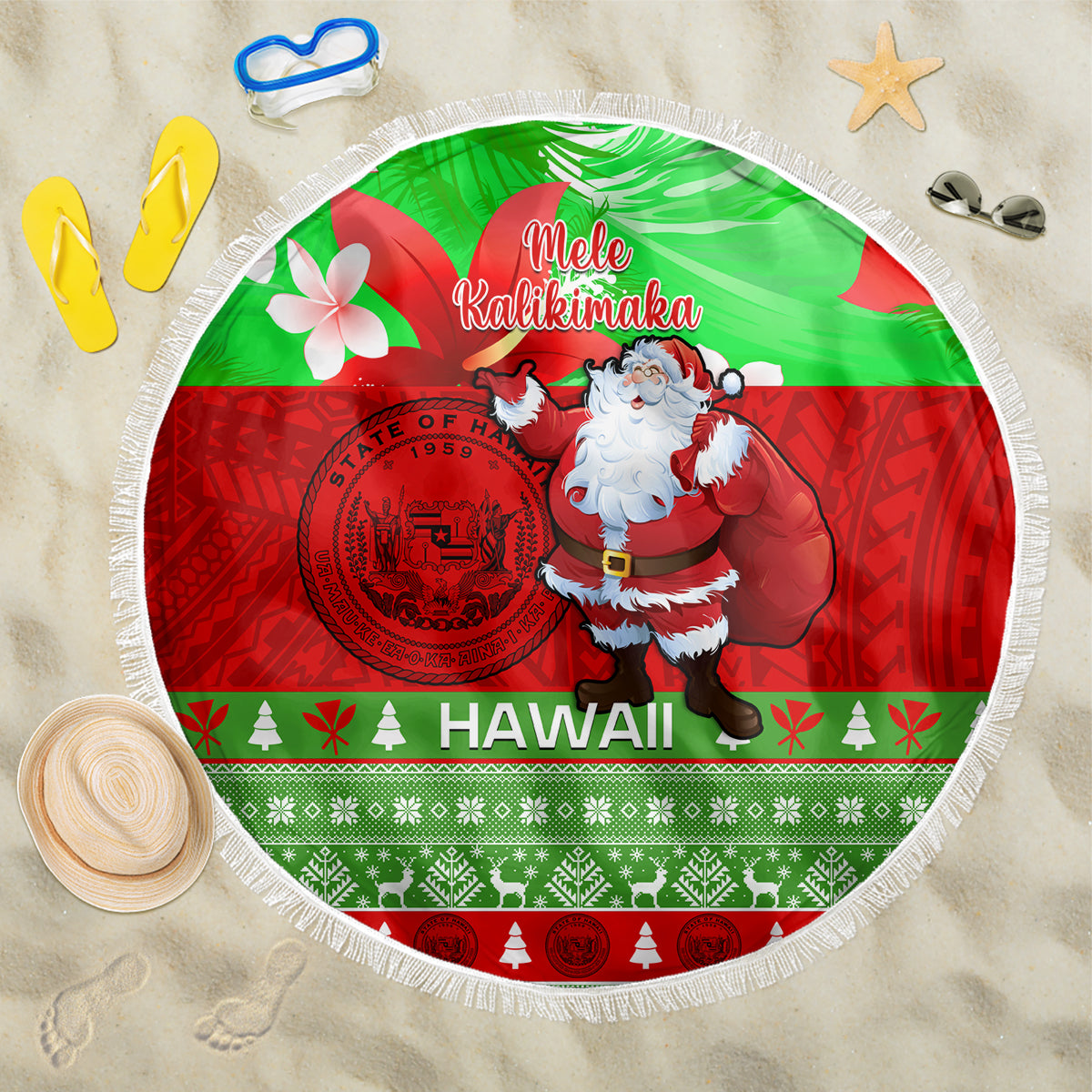 Personalised Hawaii Christmas Beach Blanket Mele Kalikimaka Hawaiian Santa Tropical Vibes - Wonder Print Shop