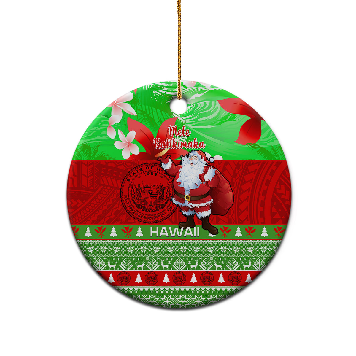 Personalised Hawaii Christmas Ceramic Ornament Mele Kalikimaka Hawaiian Santa Tropical Vibes - Wonder Print Shop