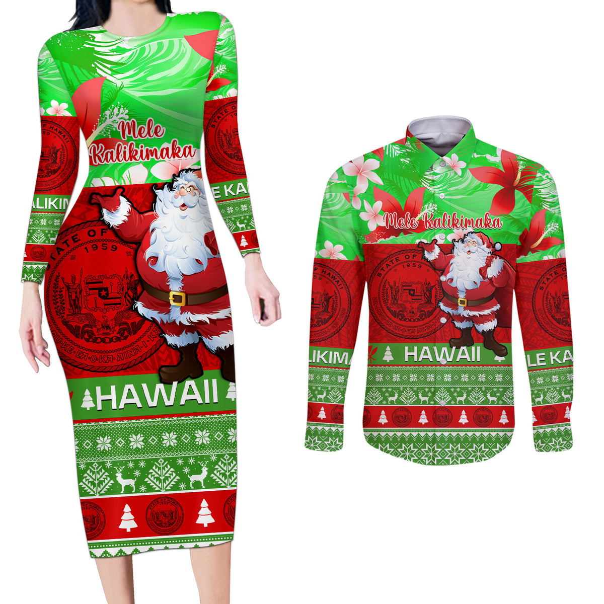 Personalised Hawaii Christmas Couples Matching Long Sleeve Bodycon Dress and Long Sleeve Button Shirts Mele Kalikimaka Hawaiian Santa Tropical Vibes - Wonder Print Shop