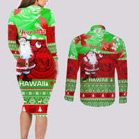 Personalised Hawaii Christmas Couples Matching Long Sleeve Bodycon Dress and Long Sleeve Button Shirts Mele Kalikimaka Hawaiian Santa Tropical Vibes - Wonder Print Shop