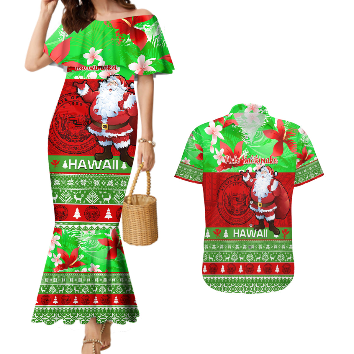 Personalised Hawaii Christmas Couples Matching Mermaid Dress and Hawaiian Shirt Mele Kalikimaka Hawaiian Santa Tropical Vibes - Wonder Print Shop