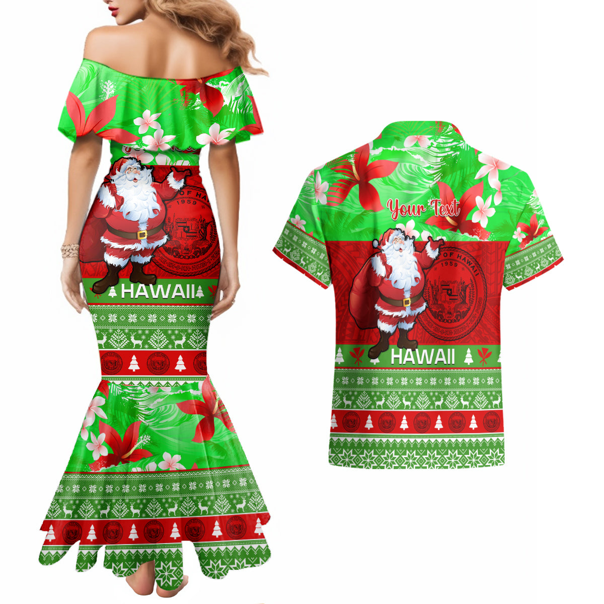 Personalised Hawaii Christmas Couples Matching Mermaid Dress and Hawaiian Shirt Mele Kalikimaka Hawaiian Santa Tropical Vibes - Wonder Print Shop