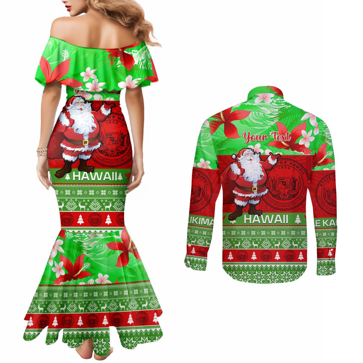 personalised-hawaii-christmas-couples-matching-mermaid-dress-and-long-sleeve-button-shirts-mele-kalikimaka-hawaiian-santa-tropical-vibes