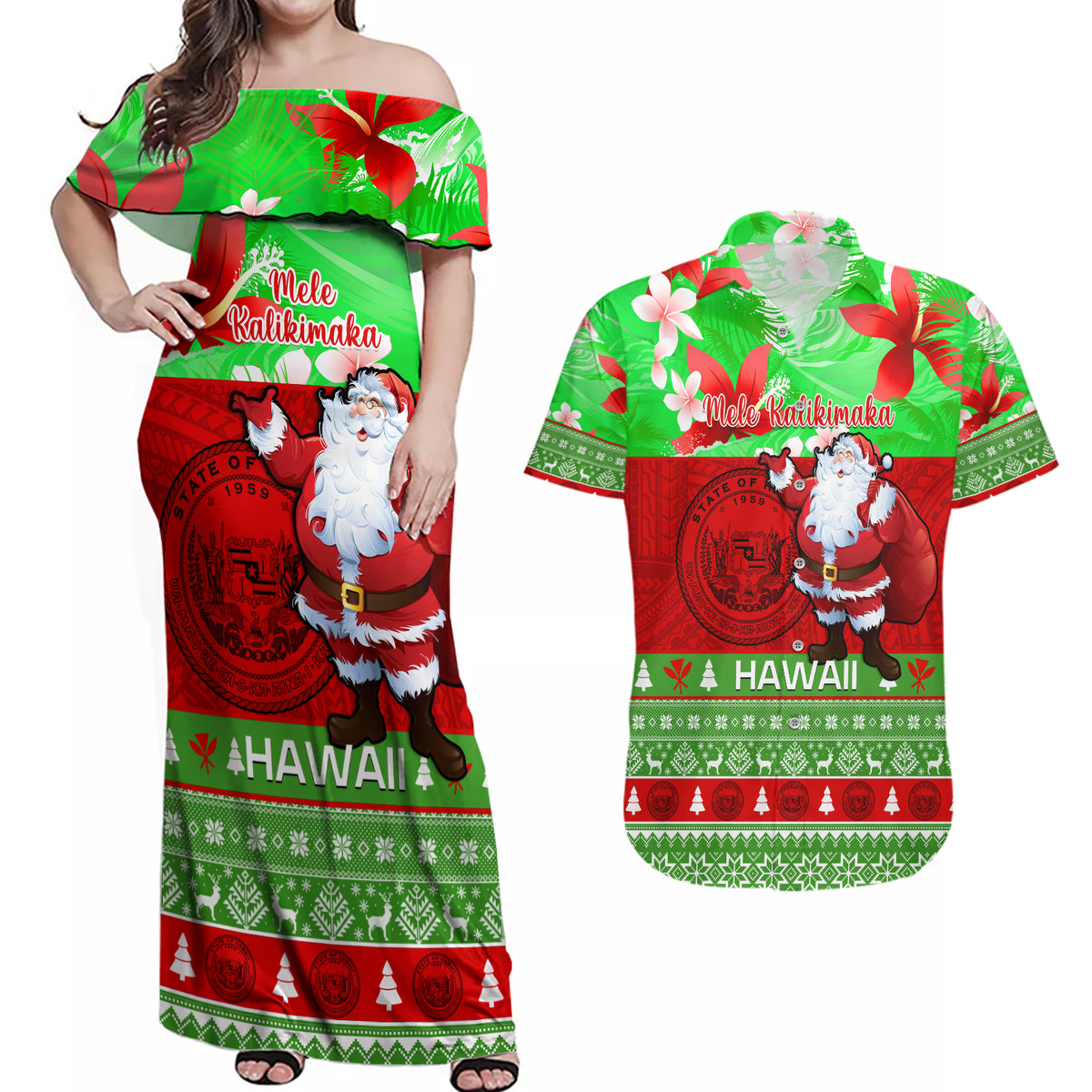 Personalised Hawaii Christmas Couples Matching Off Shoulder Maxi Dress and Hawaiian Shirt Mele Kalikimaka Hawaiian Santa Tropical Vibes - Wonder Print Shop