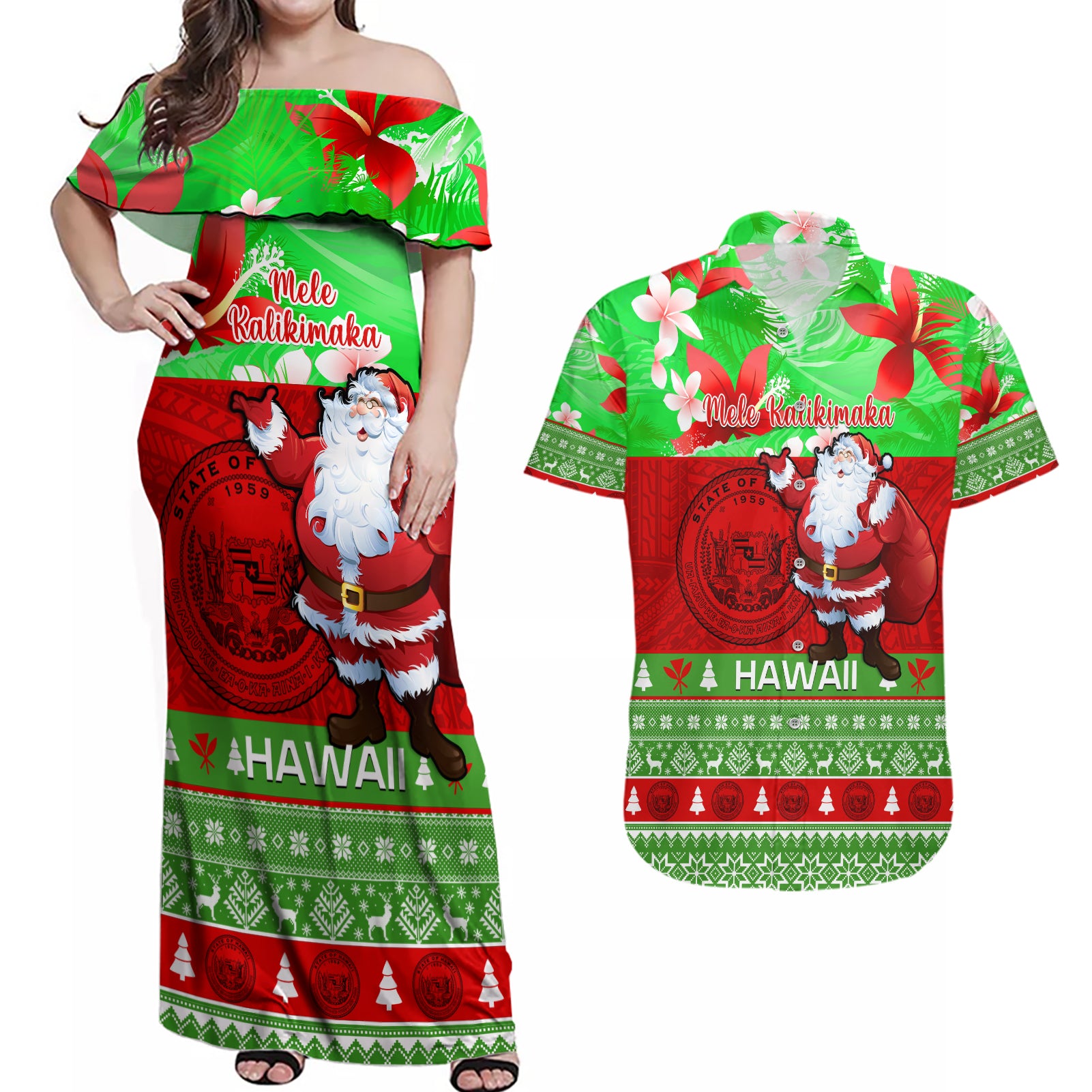Personalised Hawaii Christmas Couples Matching Off Shoulder Maxi Dress and Hawaiian Shirt Mele Kalikimaka Hawaiian Santa Tropical Vibes - Wonder Print Shop