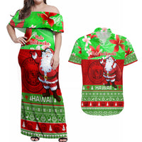 Personalised Hawaii Christmas Couples Matching Off Shoulder Maxi Dress and Hawaiian Shirt Mele Kalikimaka Hawaiian Santa Tropical Vibes - Wonder Print Shop
