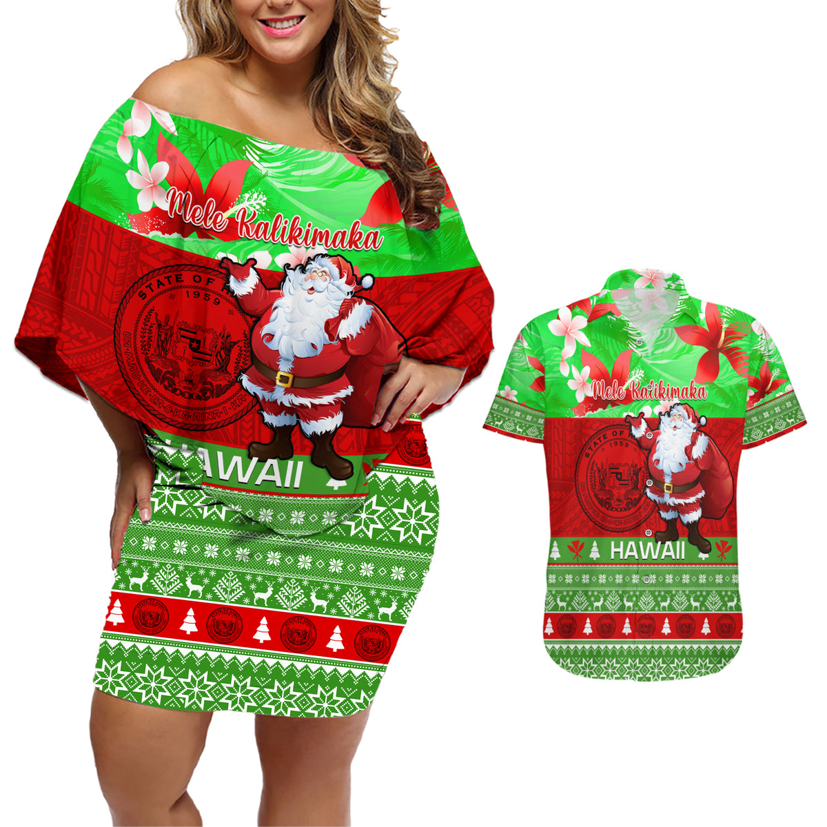 Personalised Hawaii Christmas Couples Matching Off Shoulder Short Dress and Hawaiian Shirt Mele Kalikimaka Hawaiian Santa Tropical Vibes - Wonder Print Shop