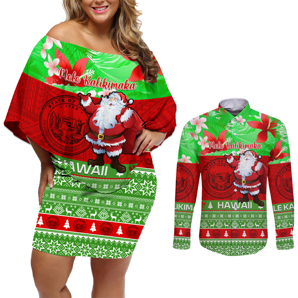 Personalised Hawaii Christmas Couples Matching Off Shoulder Short Dress and Long Sleeve Button Shirts Mele Kalikimaka Hawaiian Santa Tropical Vibes - Wonder Print Shop