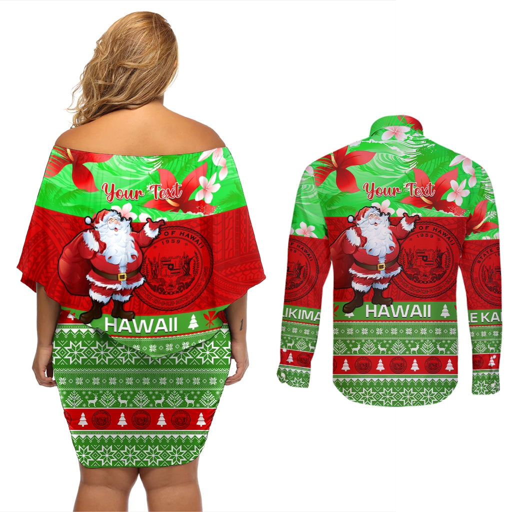 Personalised Hawaii Christmas Couples Matching Off Shoulder Short Dress and Long Sleeve Button Shirts Mele Kalikimaka Hawaiian Santa Tropical Vibes - Wonder Print Shop