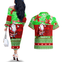 Personalised Hawaii Christmas Couples Matching Off The Shoulder Long Sleeve Dress and Hawaiian Shirt Mele Kalikimaka Hawaiian Santa Tropical Vibes - Wonder Print Shop